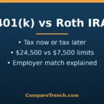 Featured illustration comparing the difference between 401(k) and Roth IRA retirement accounts