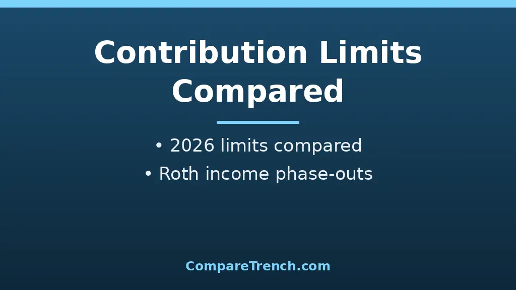 Chart comparing the difference between 401(k) and Roth IRA 2026 contribution limits and income rules