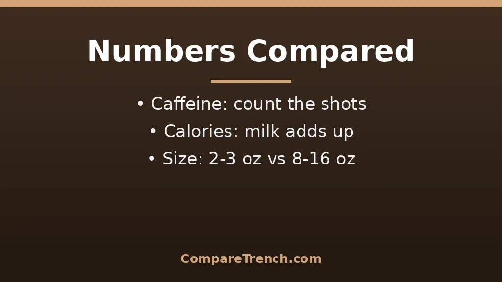 Comparison chart of the difference between espresso and latte by size and caffeine