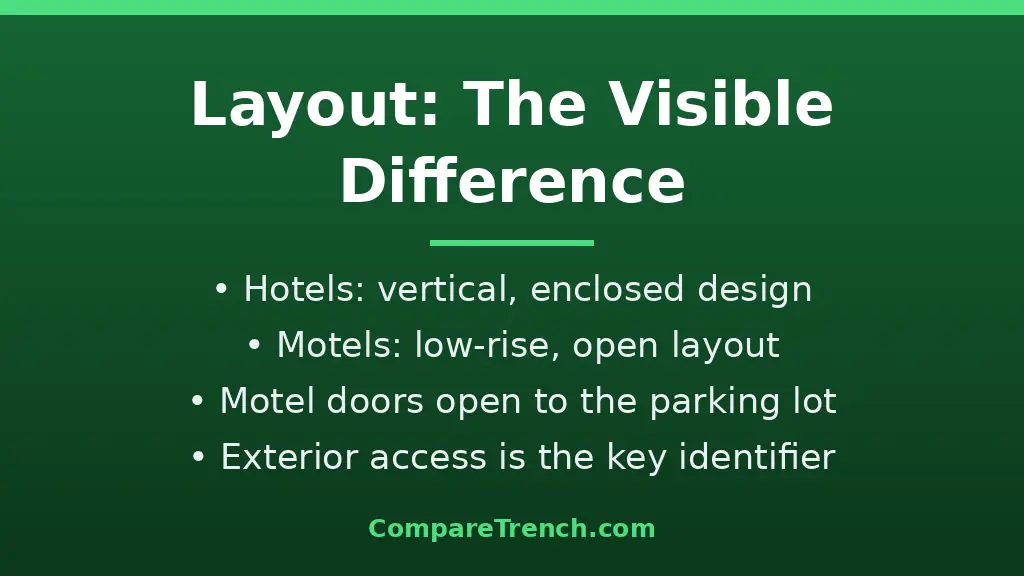 Hotel vs motel building layout compared: interior corridors versus exterior room doors