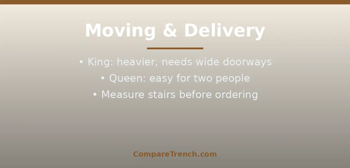 Delivery team maneuvering a mattress through a doorway highlighting the difference between king bed and queen bed logistics