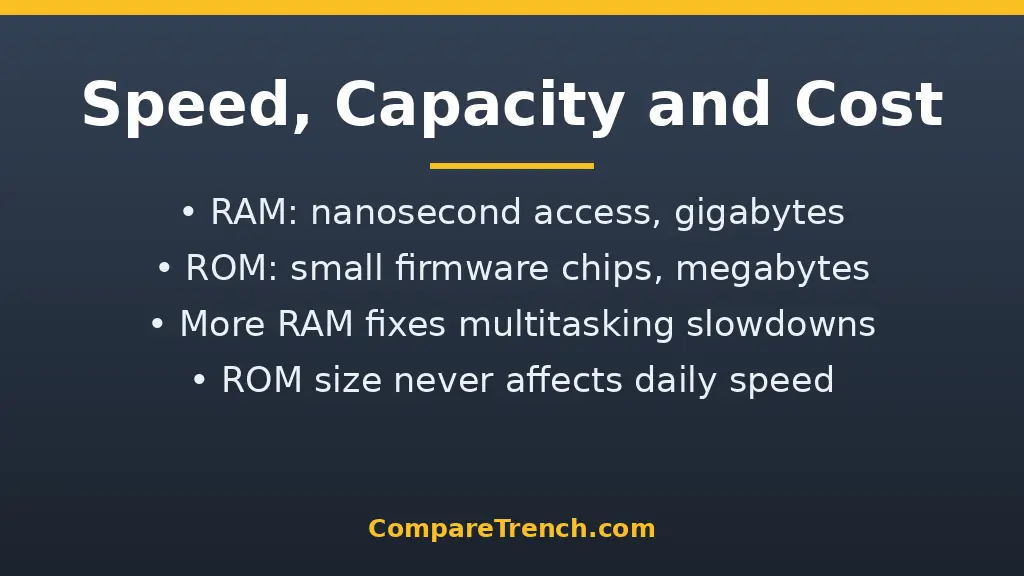 RAM vs ROM speed capacity and cost comparison in the difference between RAM and ROM article
