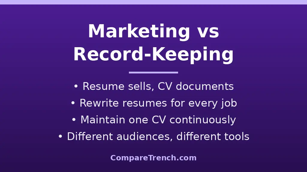 Resume as a tailored marketing document versus CV as a complete career record
