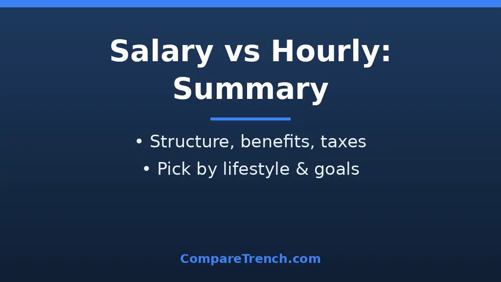 Summary infographic of salary vs hourly pay differences covering pay structure benefits and taxes