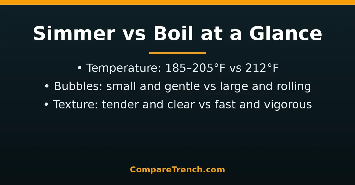 Side-by-side comparison of a gently simmering pot and a vigorously boiling pot showing the difference between simmer and boil