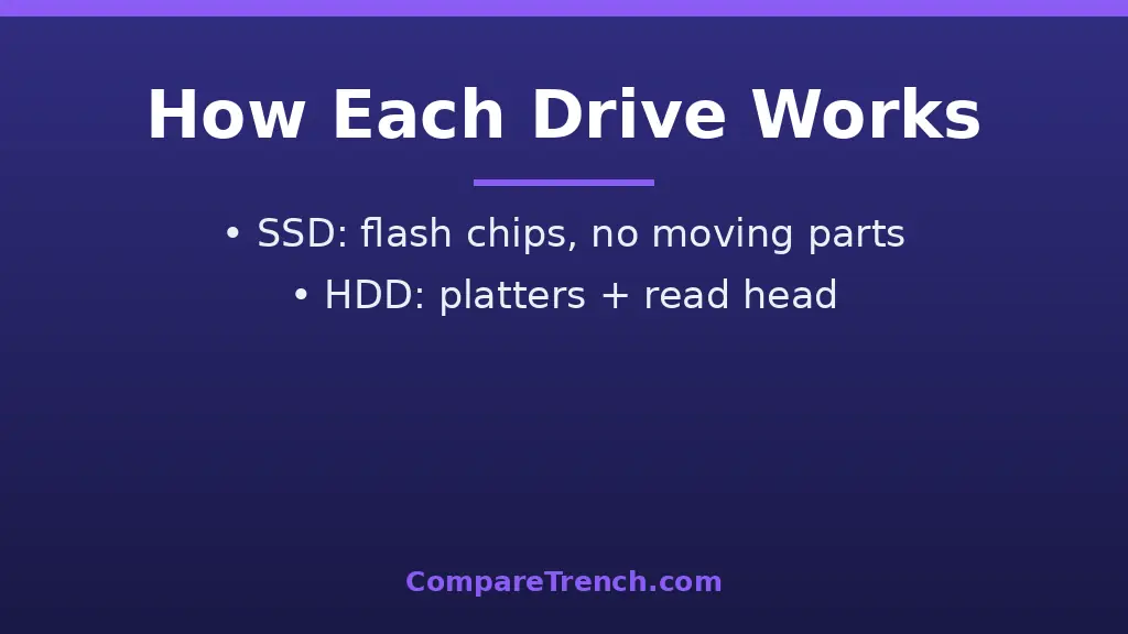 SSD vs HDD comparison showing flash memory chips versus spinning magnetic platters inside the drives