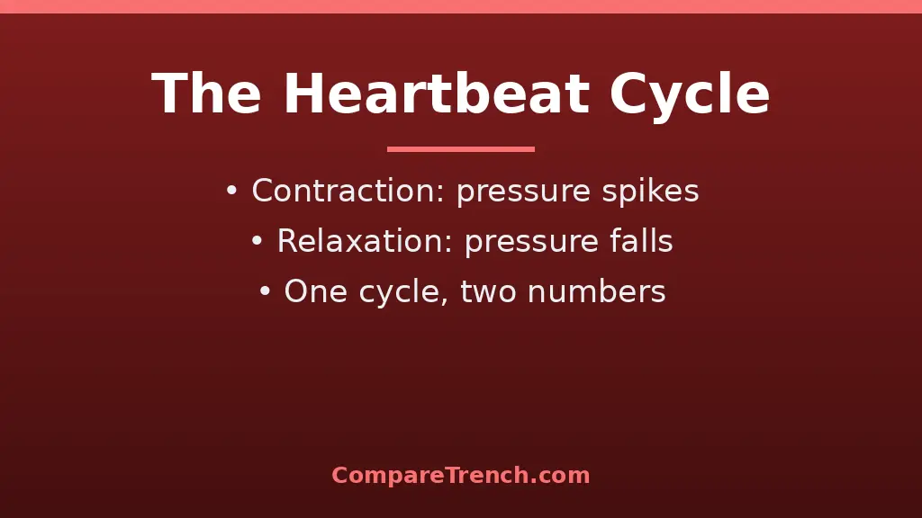 Diagram explaining the difference between systolic and diastolic blood pressure during the heartbeat